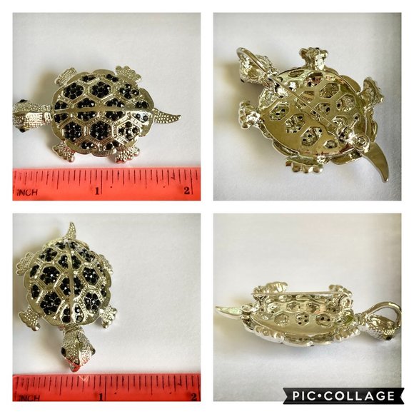 Crystal Sea Turtle Pendant Brooch Pin Necklace Silver Plated Black Cord 18" - Picture 12 of 12